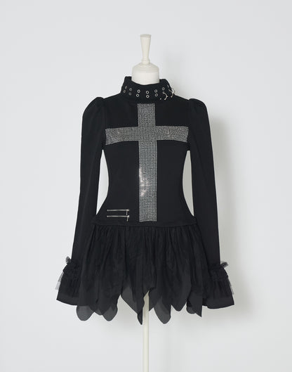 AVENCHUMU Rhinestone cross chiffon hem one-piece