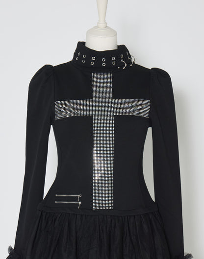 AVENCHUMU Rhinestone cross chiffon hem one-piece