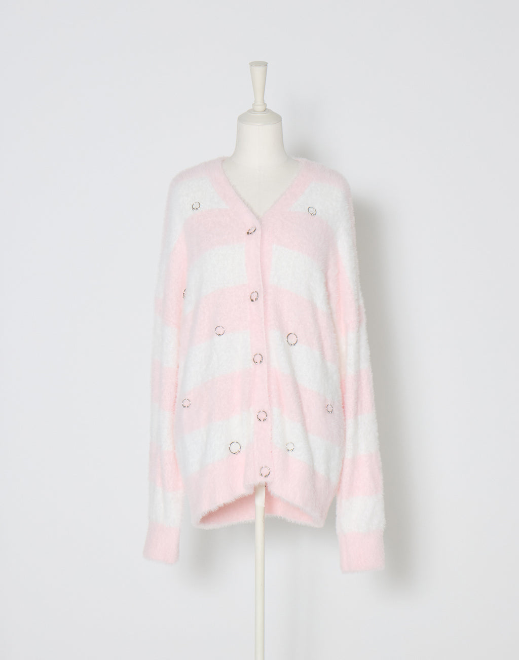 AVENCHUMU Pierced brass knuckles border shaggy knit cardbigan