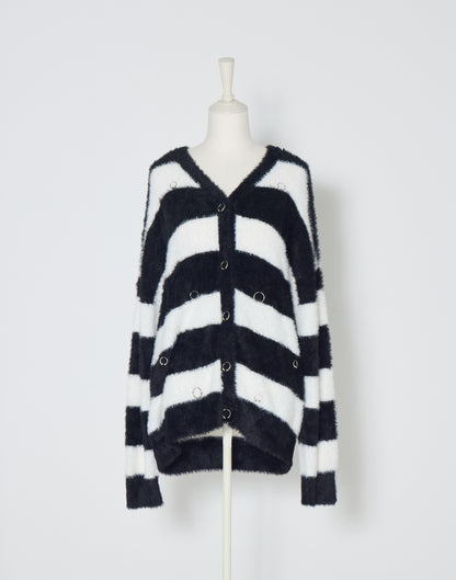 AVENCHUMU Pierced brass knuckles border shaggy knit cardbigan