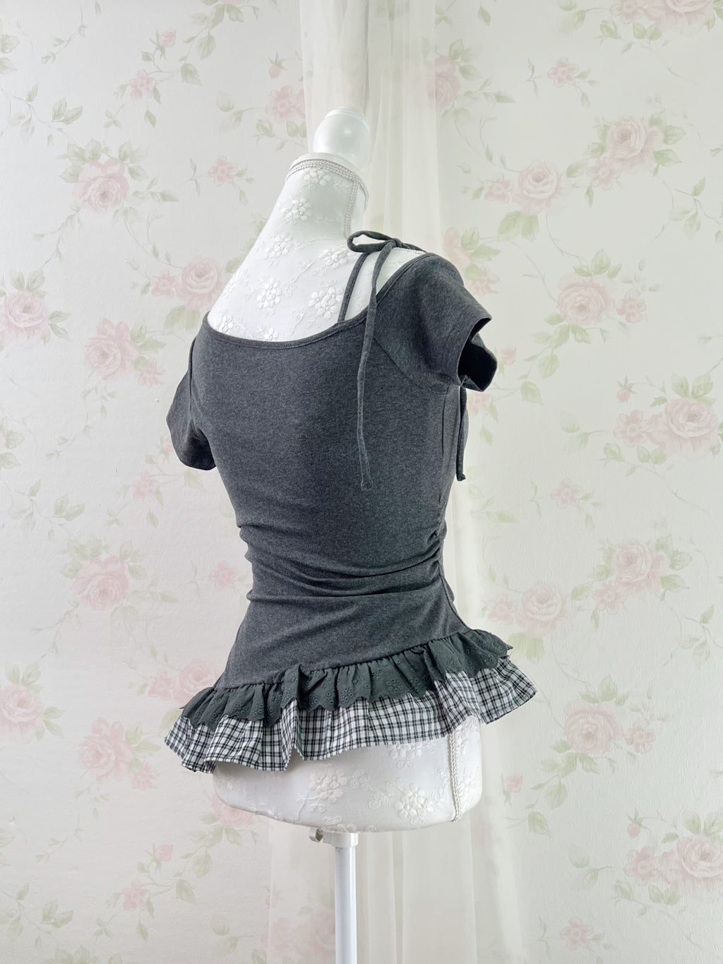 Checked Ruffled Hem One Shoulder T-shirt