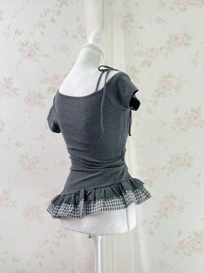 GRL Checked Ruffled Hem One Shoulder T-shirt