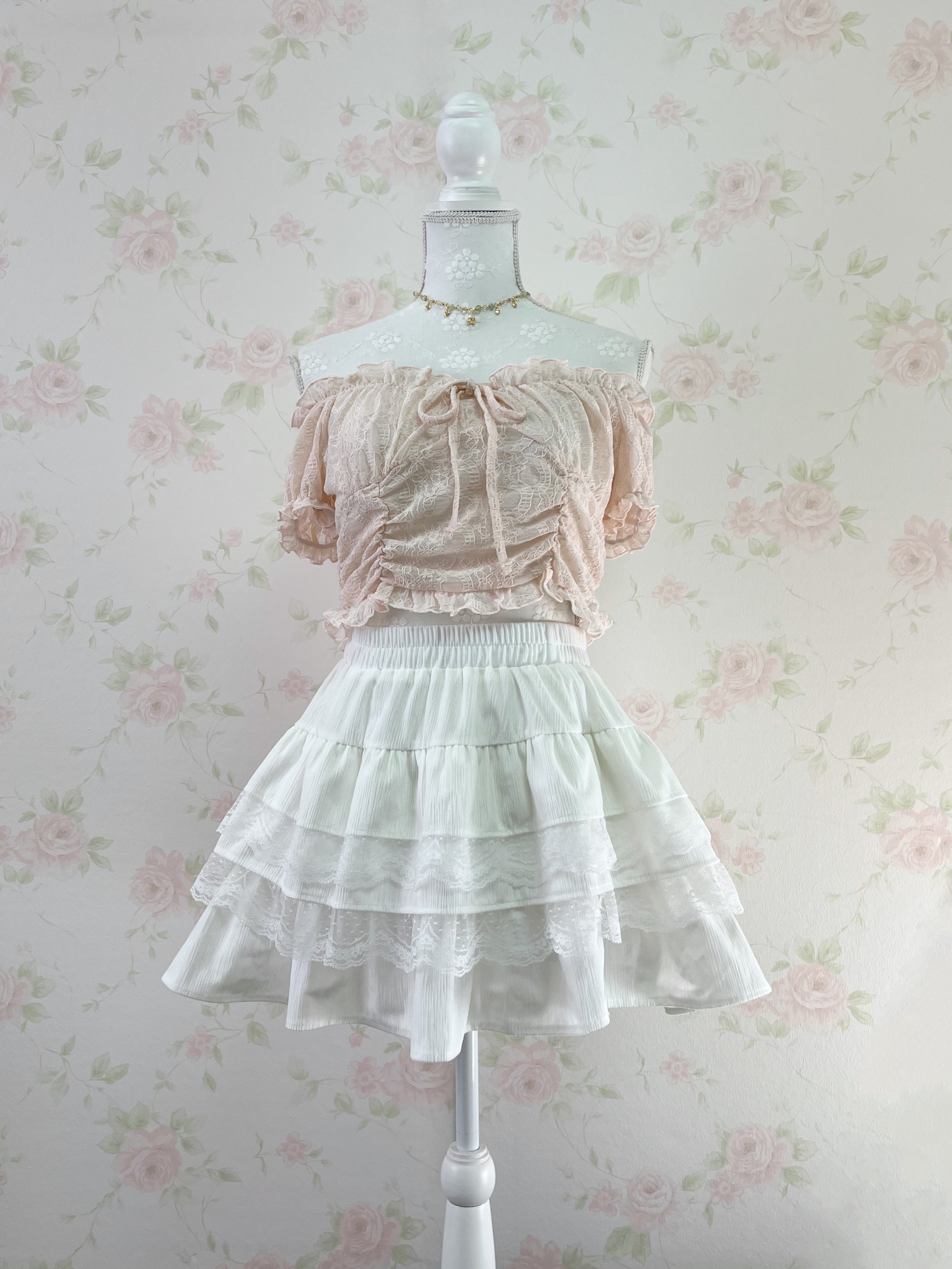 2 Way Shoulder Lacy Top (Peach Pink)