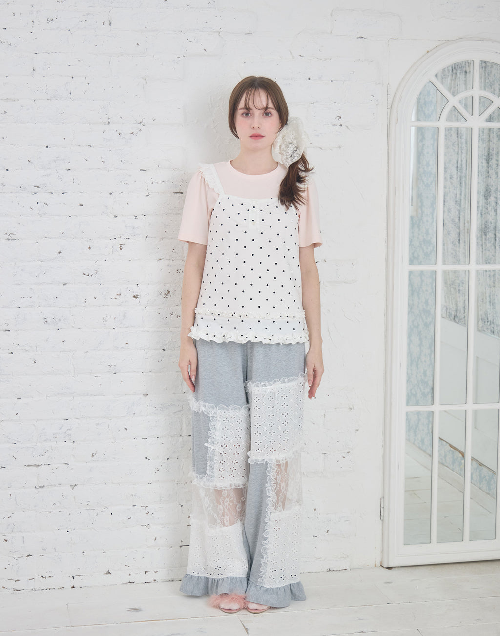 Lolime patchwork lace frill pants