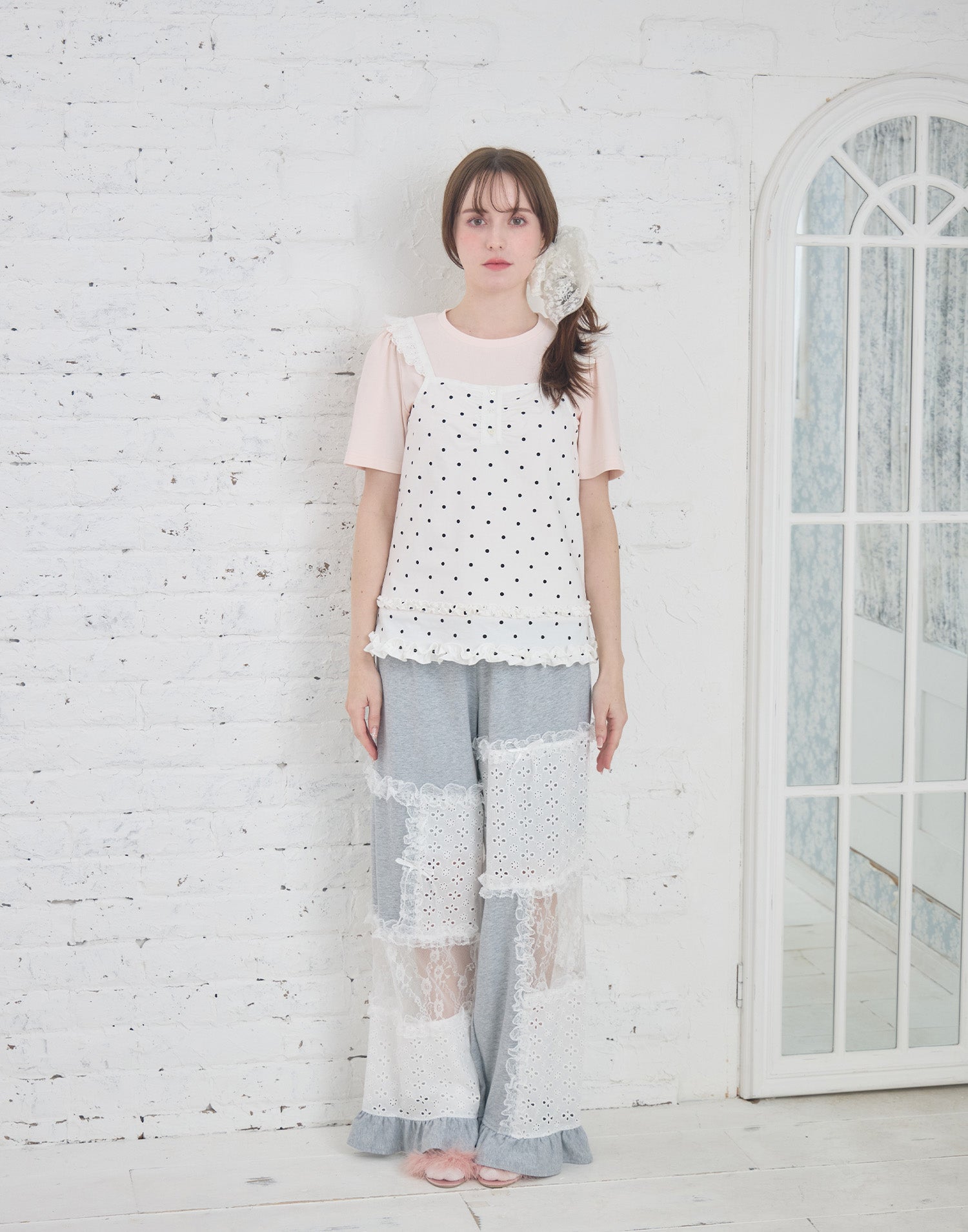 Lolime patchwork lace frill pants