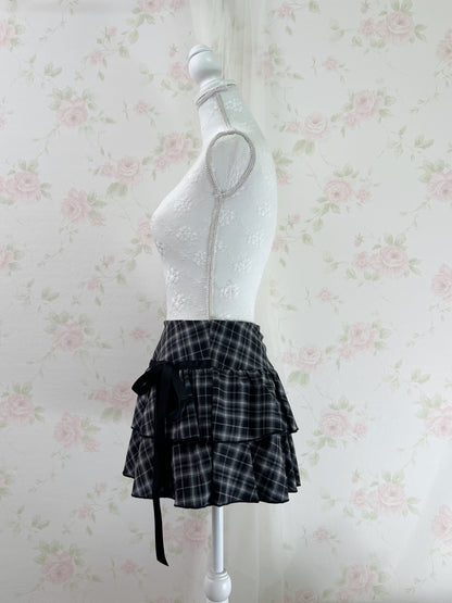 Side Bow Checked Shoujo Mini Skirt (Black)