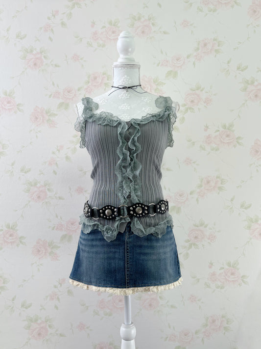 Lacy Ribbed Button Up Tank Top(Gray)