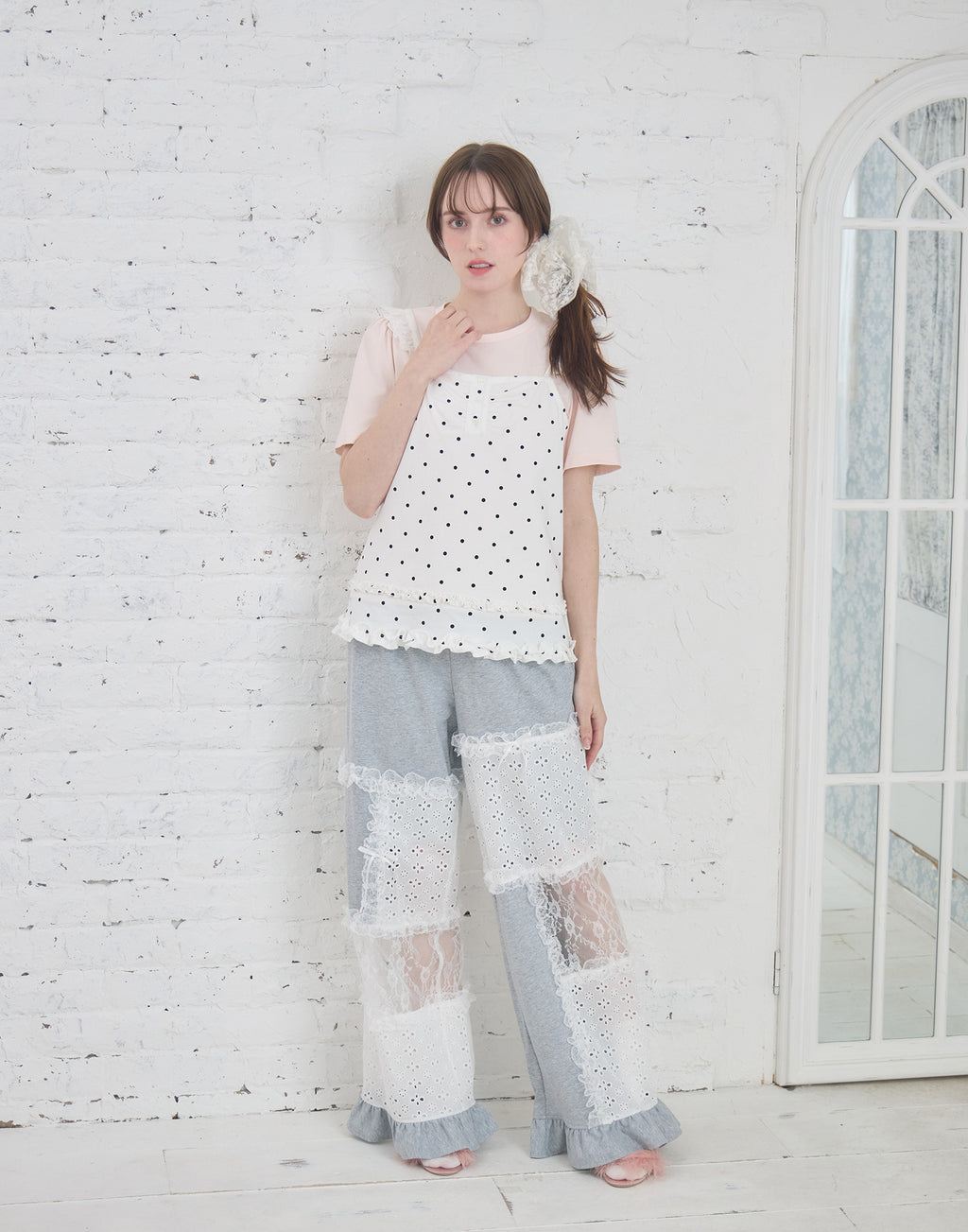 Lolime patchwork lace frill pants