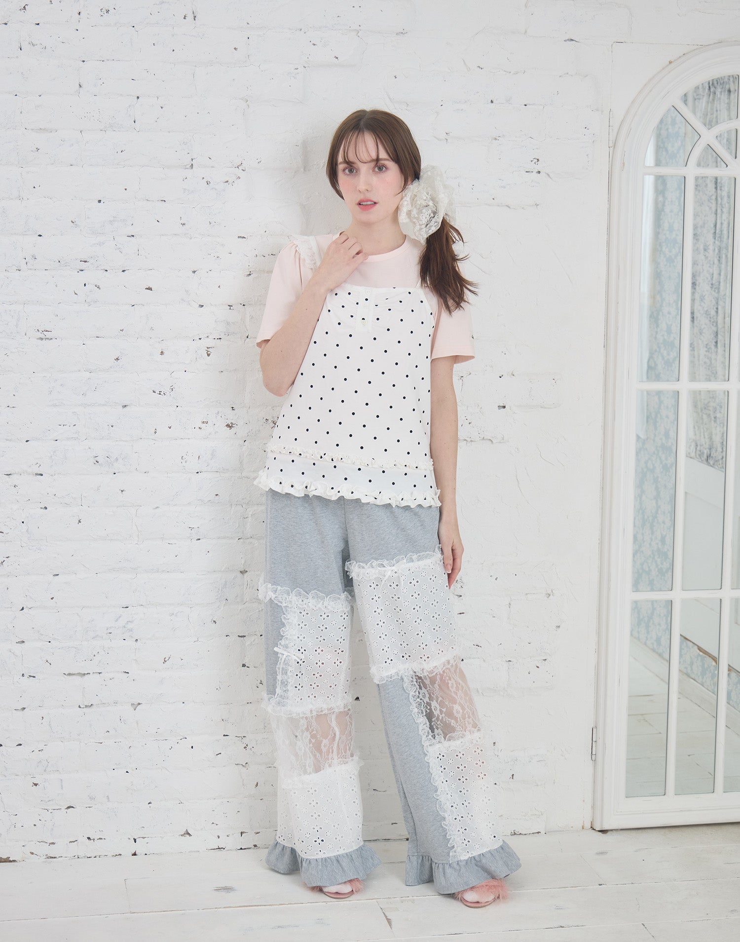 Lolime patchwork lace frill pants