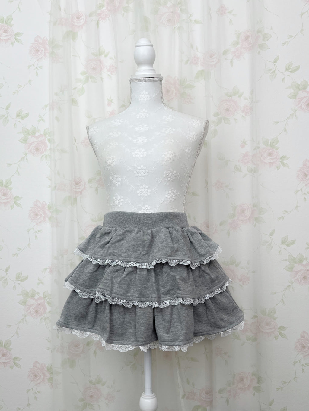 One Shoulder Top&Lace Sweat Skirt Set (Gray)