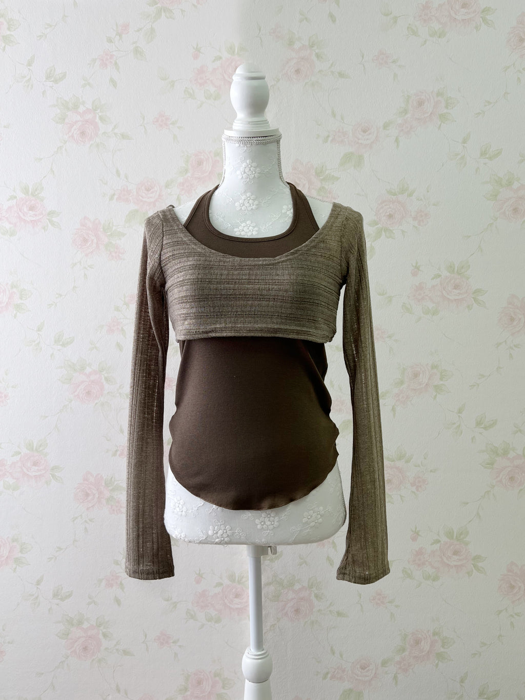 Wide Sleeve Top & Tank Top Set (Brown)