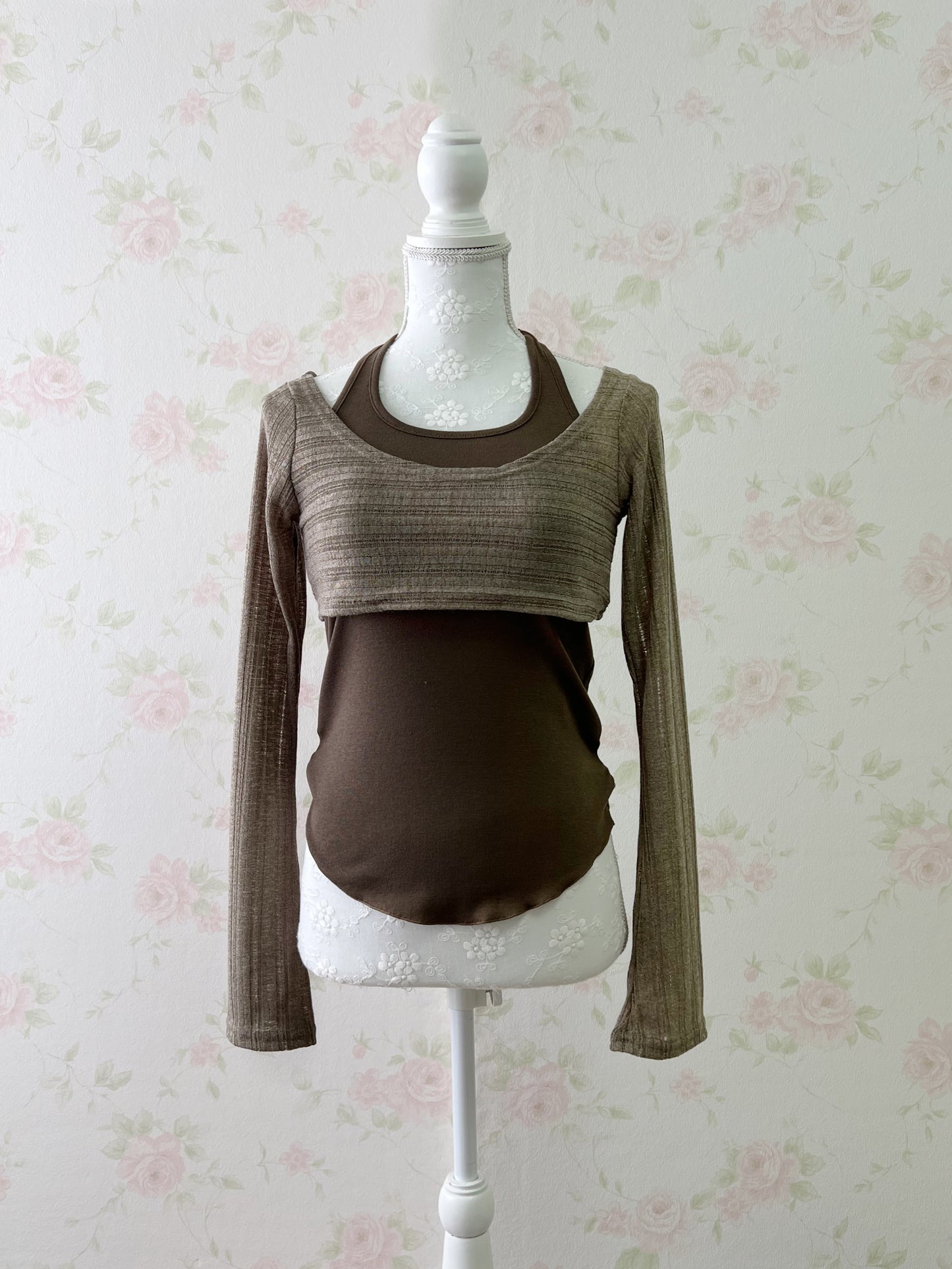 GRL Wide Sleeve Top & Tank Top Set (Brown)