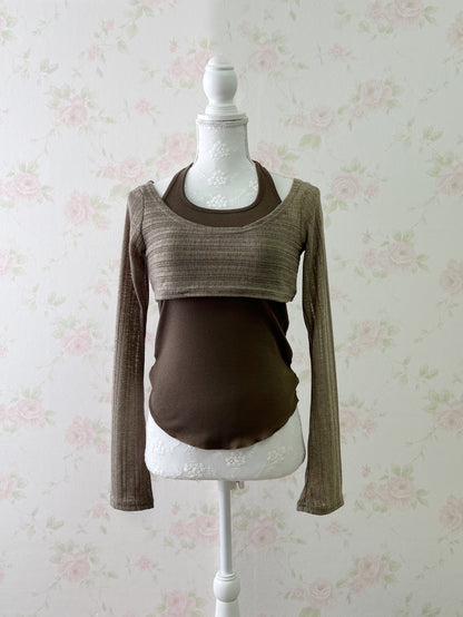 GRL Wide Sleeve Top & Tank Top Set (Brown)