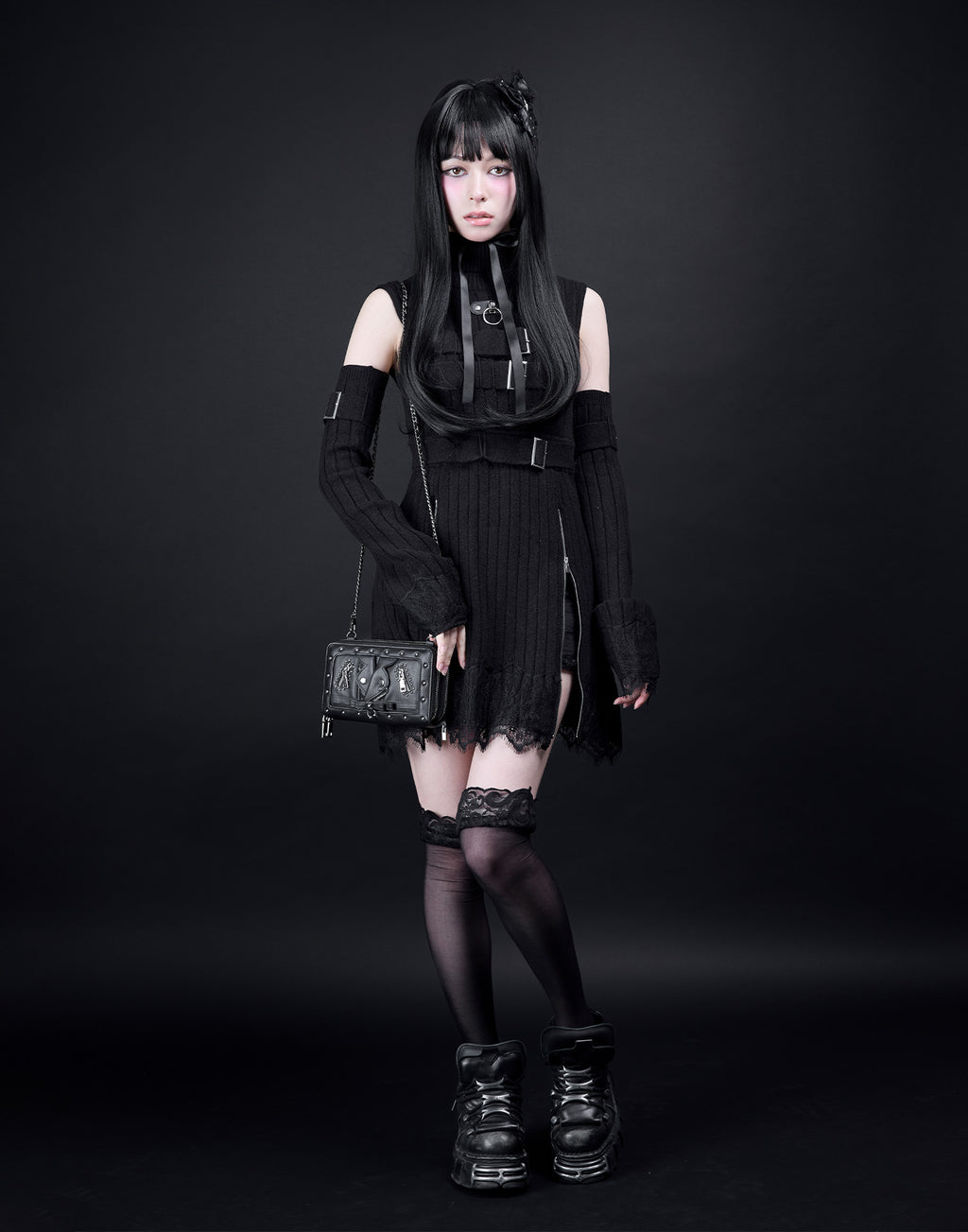 AVENCHUMU Belt & zip arm warmers knit one-piece