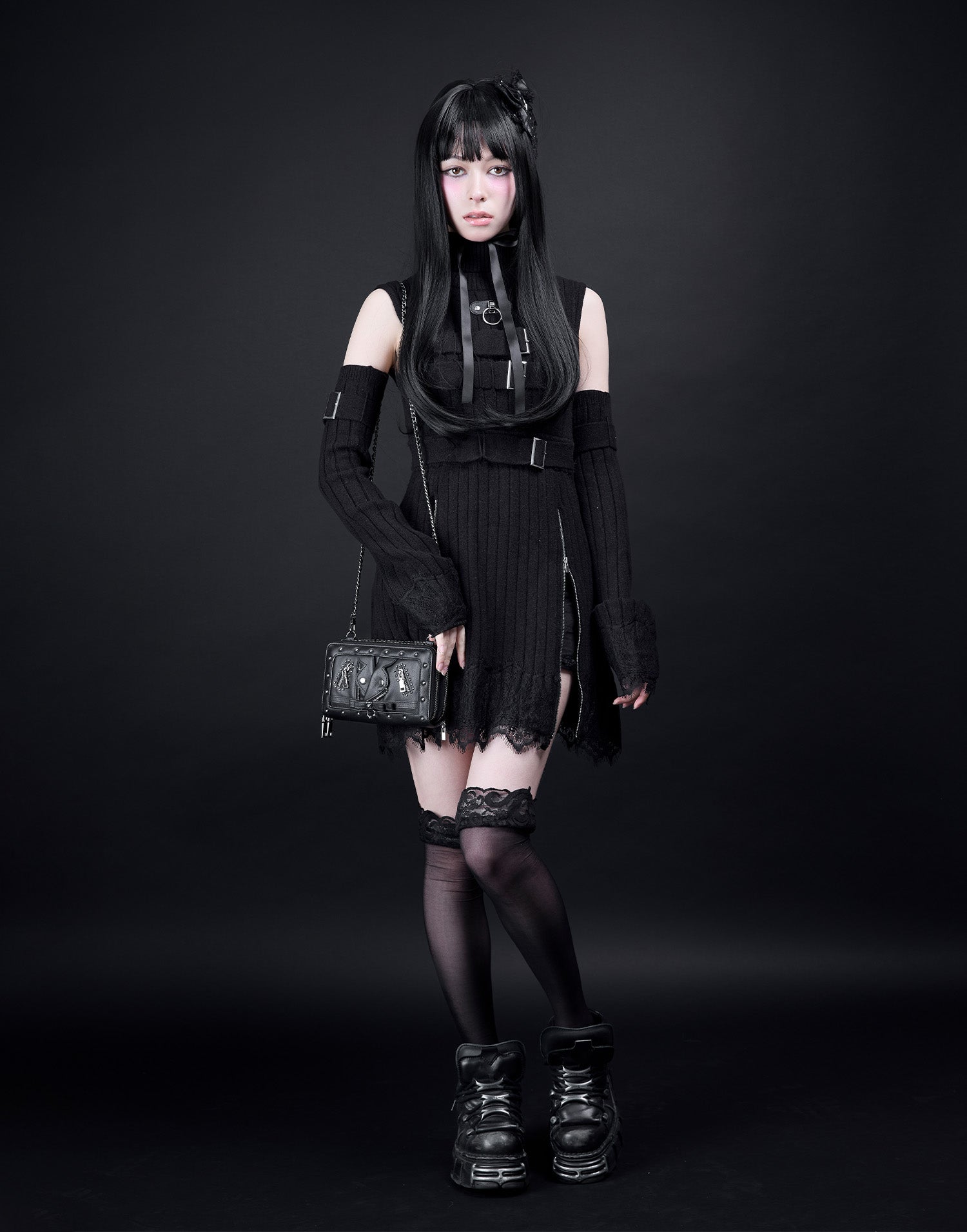 AVENCHUMU Belt & zip arm warmers knit one-piece