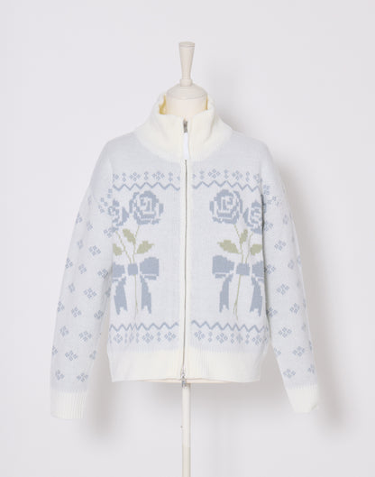 Lolime ribbon & floral cowichan knit zip up