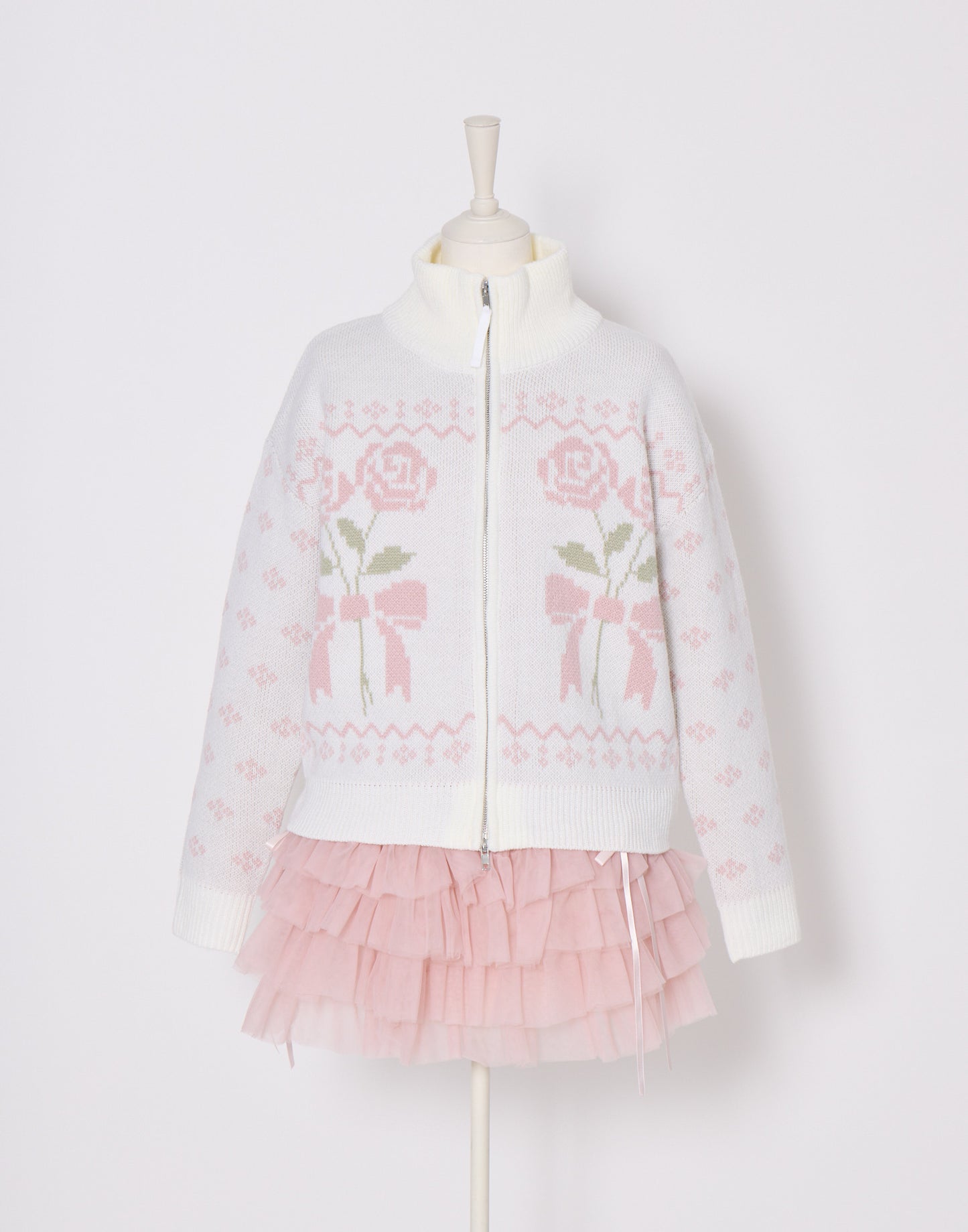Lolime ribbon & floral cowichan knit zip up