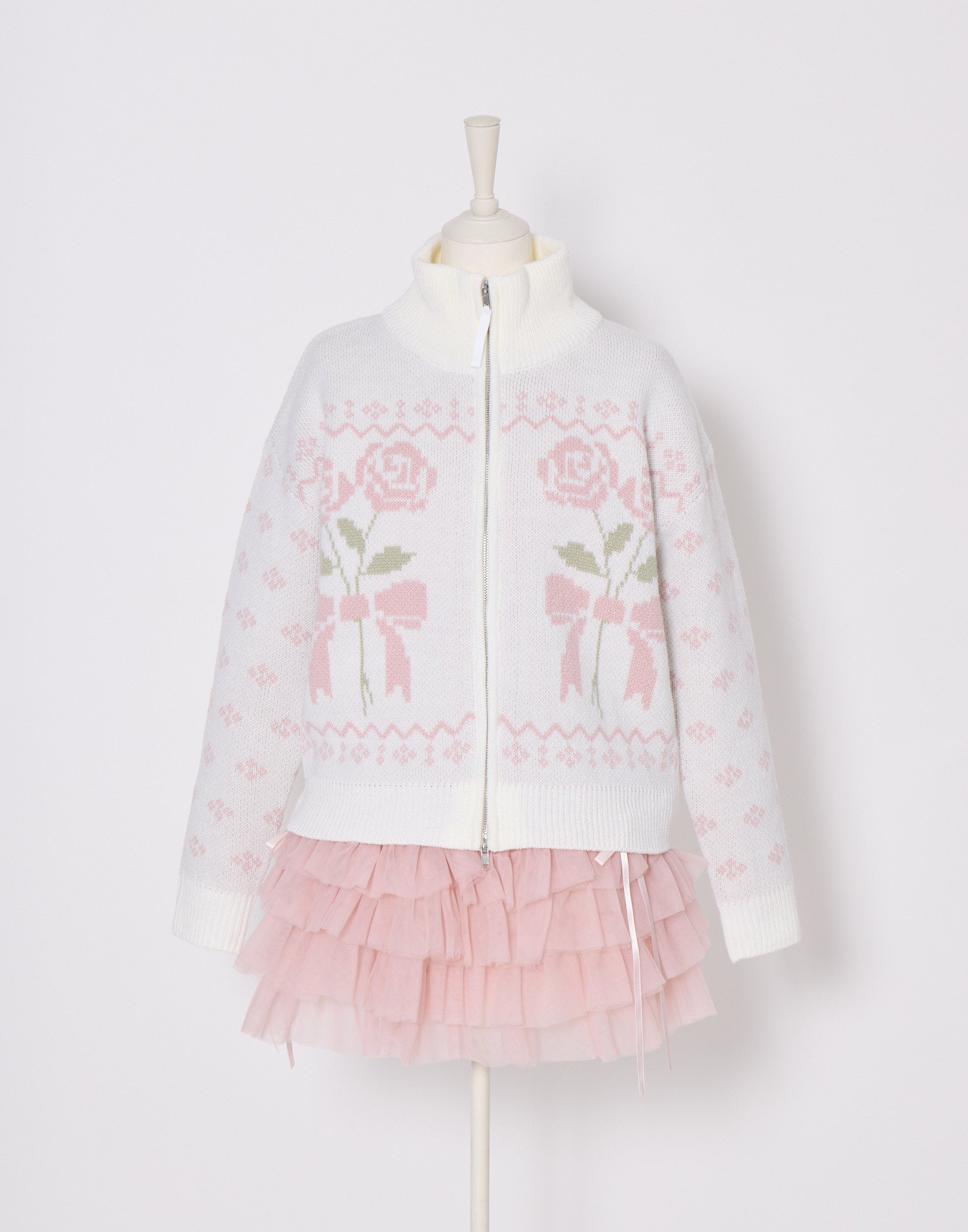 Lolime ribbon & floral cowichan knit zip up