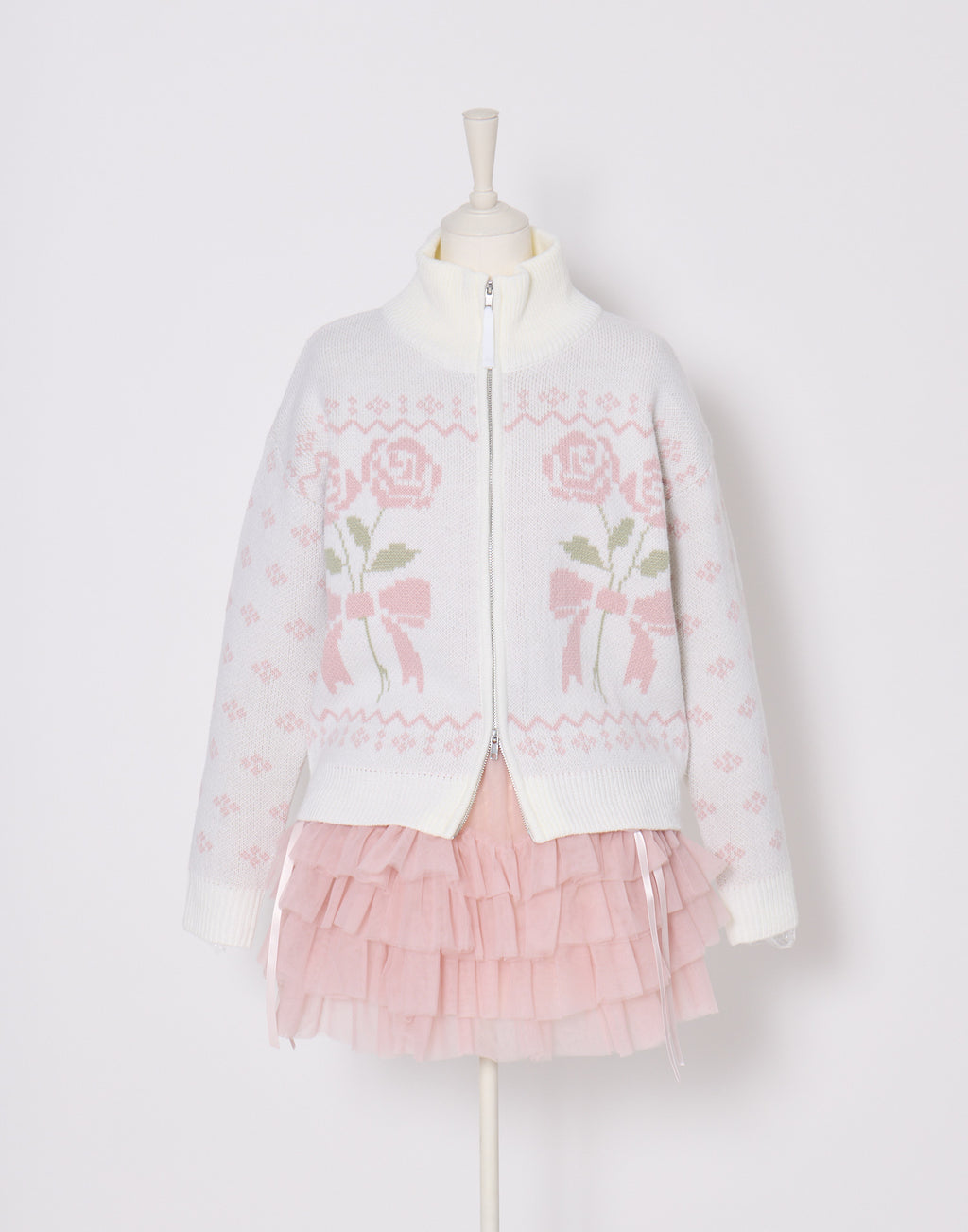 Lolime ribbon & floral cowichan knit zip up