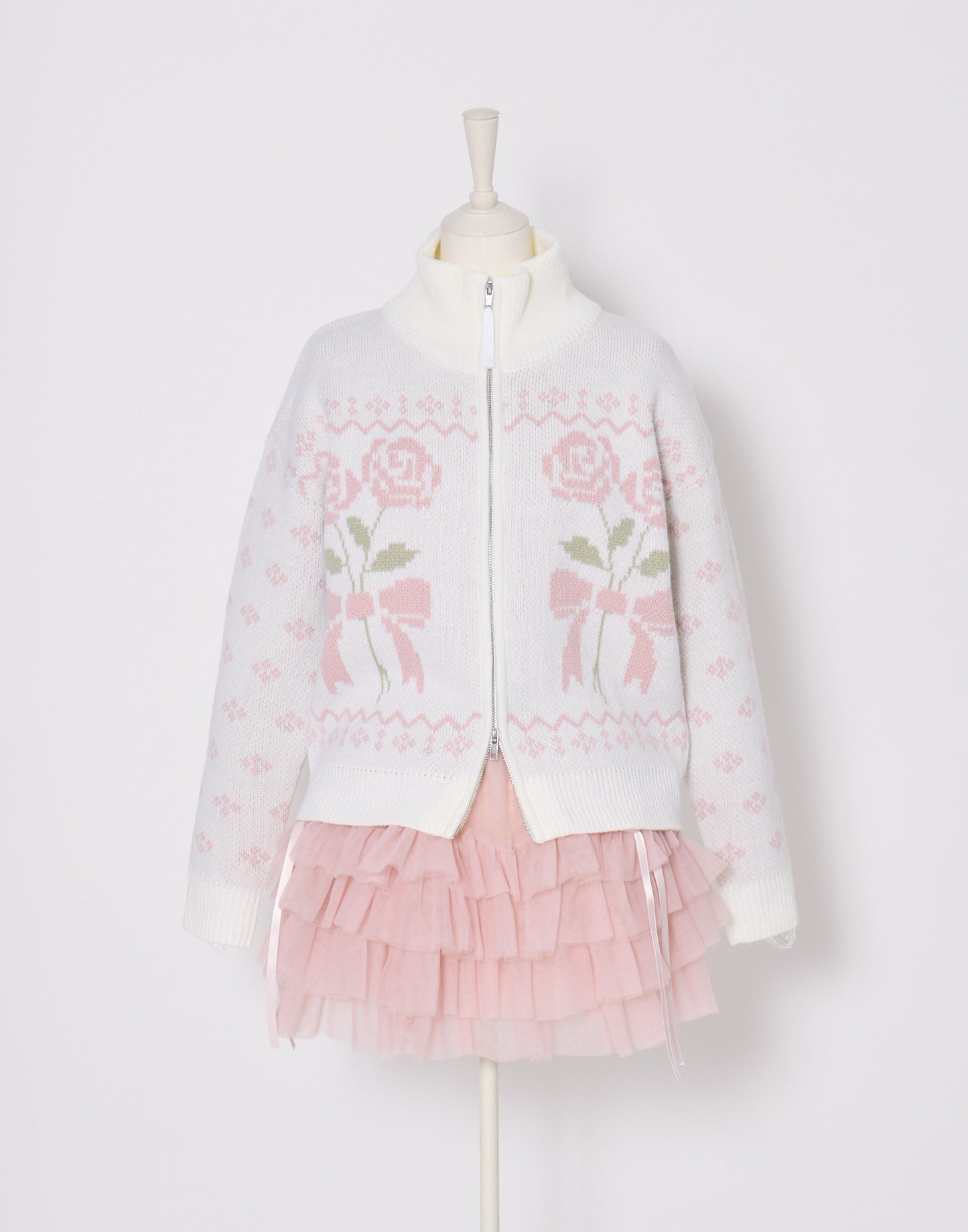 Lolime ribbon & floral cowichan knit zip up