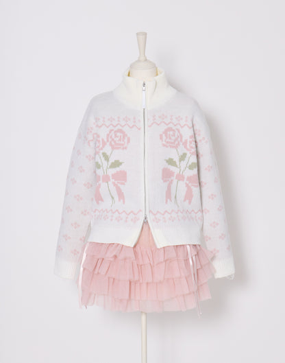 Lolime ribbon & floral cowichan knit zip up