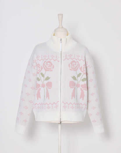 Lolime ribbon & floral cowichan knit zip up