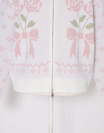 Lolime ribbon & floral cowichan knit zip up