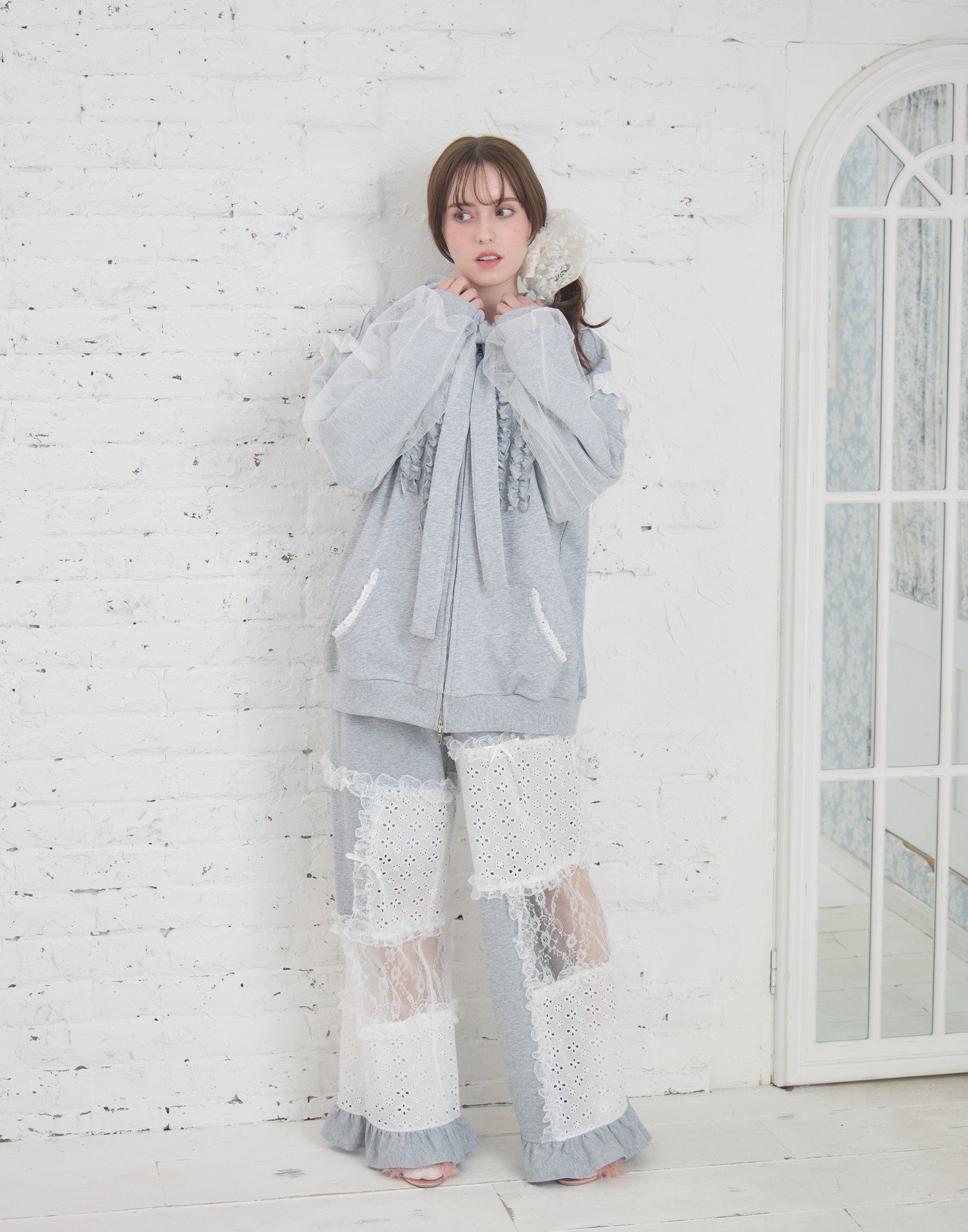 Lolime patchwork lace frill pants