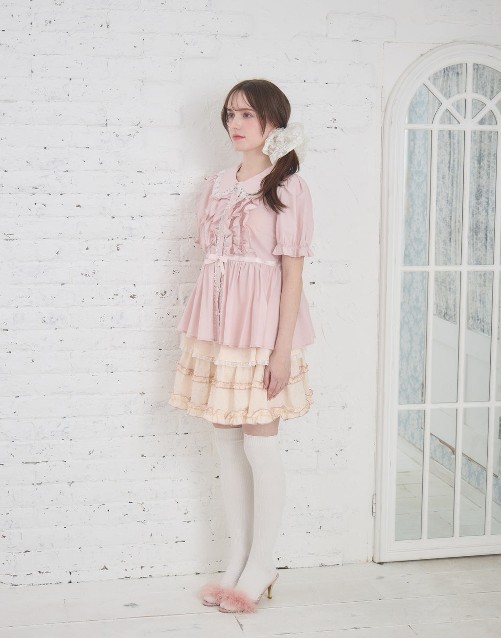 Lolime ribbon puff sleeve ruffle blouse