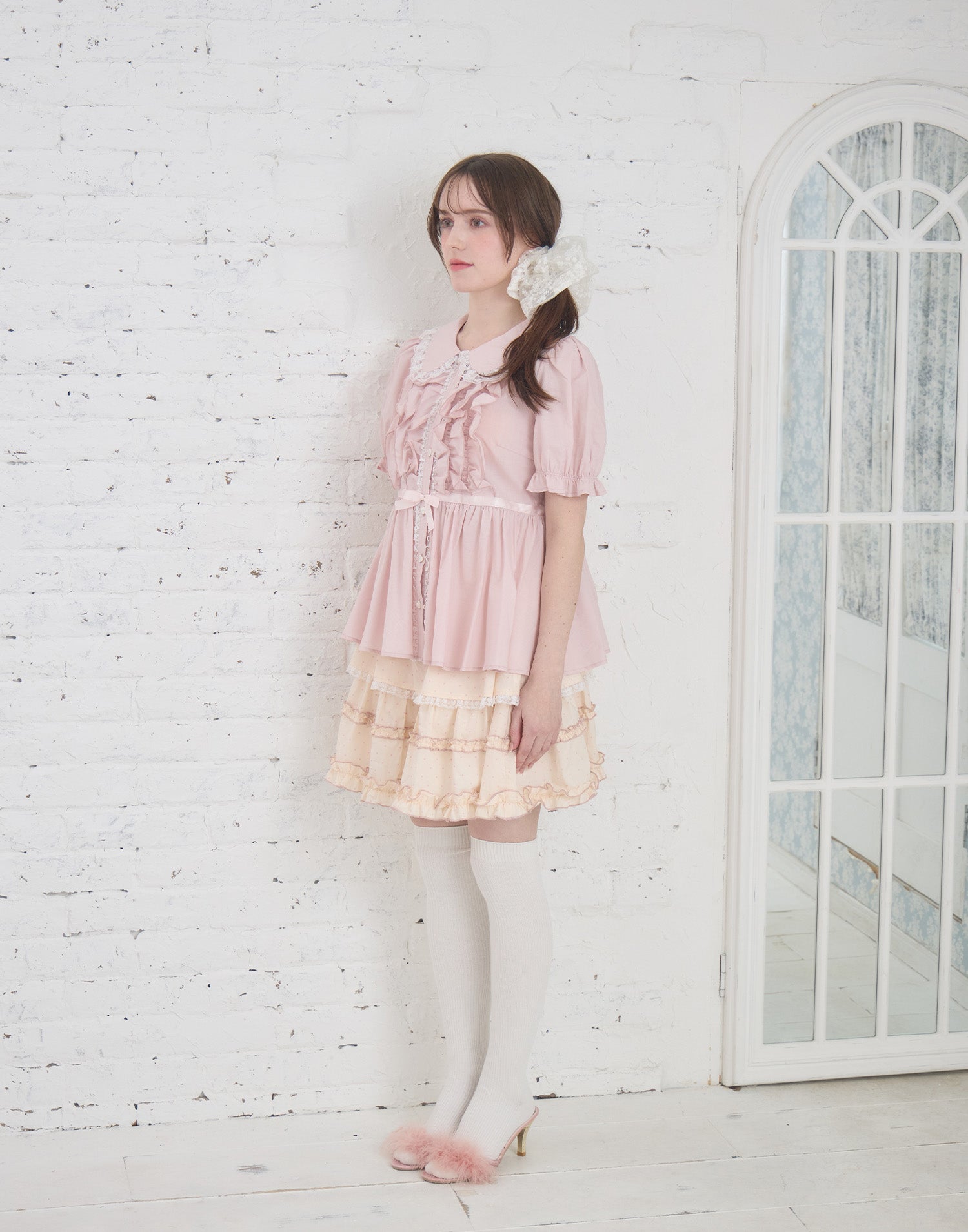 Lolime ribbon puff sleeve ruffle blouse