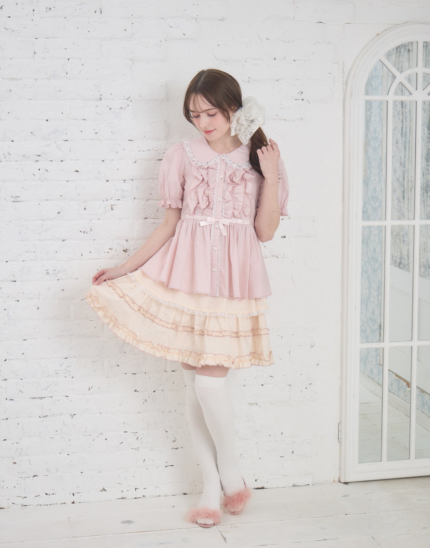 Lolime ribbon puff sleeve ruffle blouse