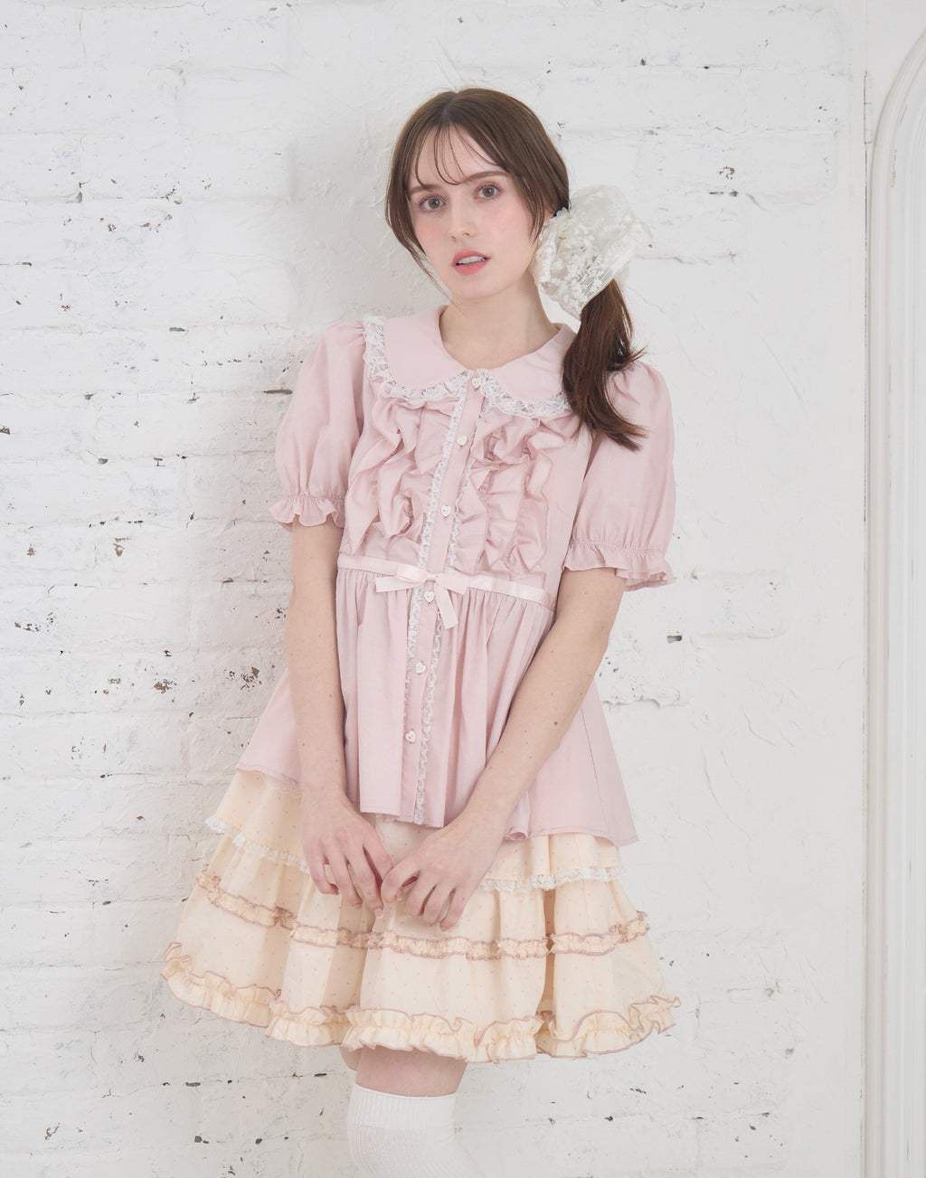 Lolime ribbon puff sleeve ruffle blouse