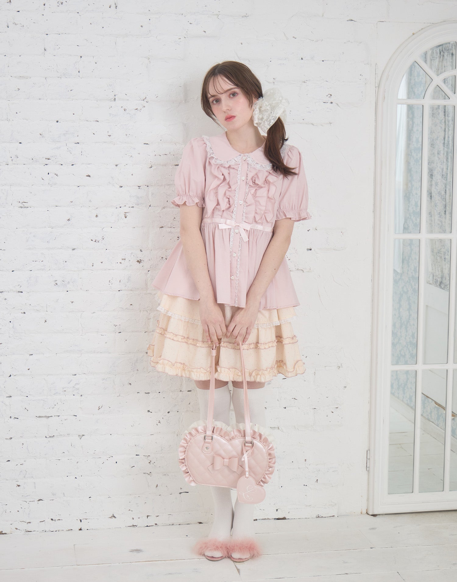 Lolime ribbon puff sleeve ruffle blouse