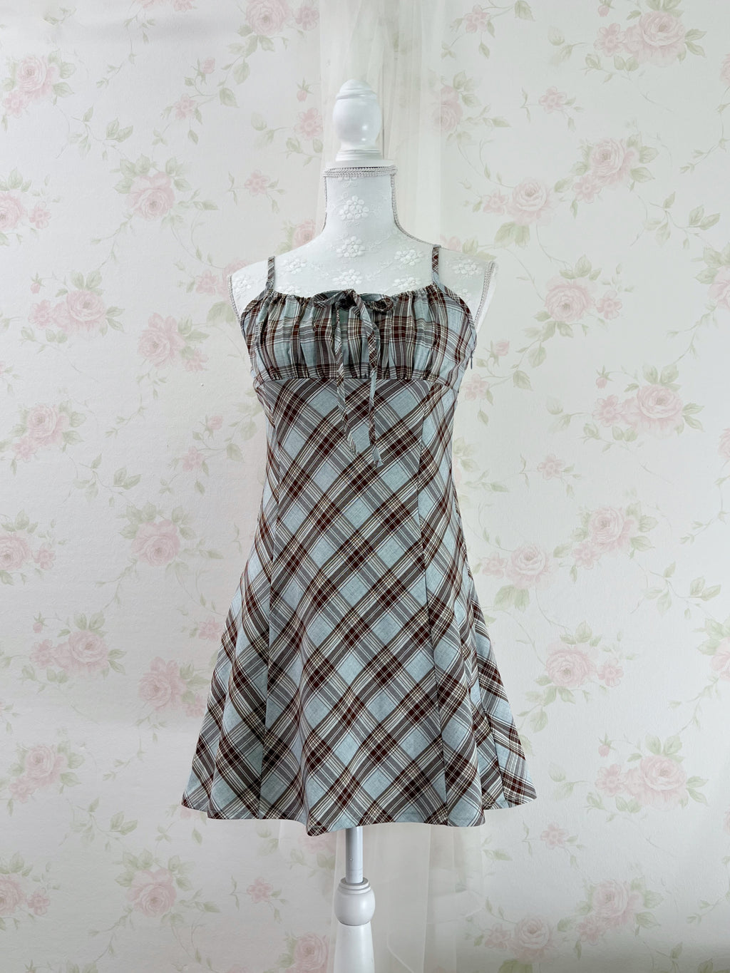 Camisole Gathering Checked Dress (Mint Green)