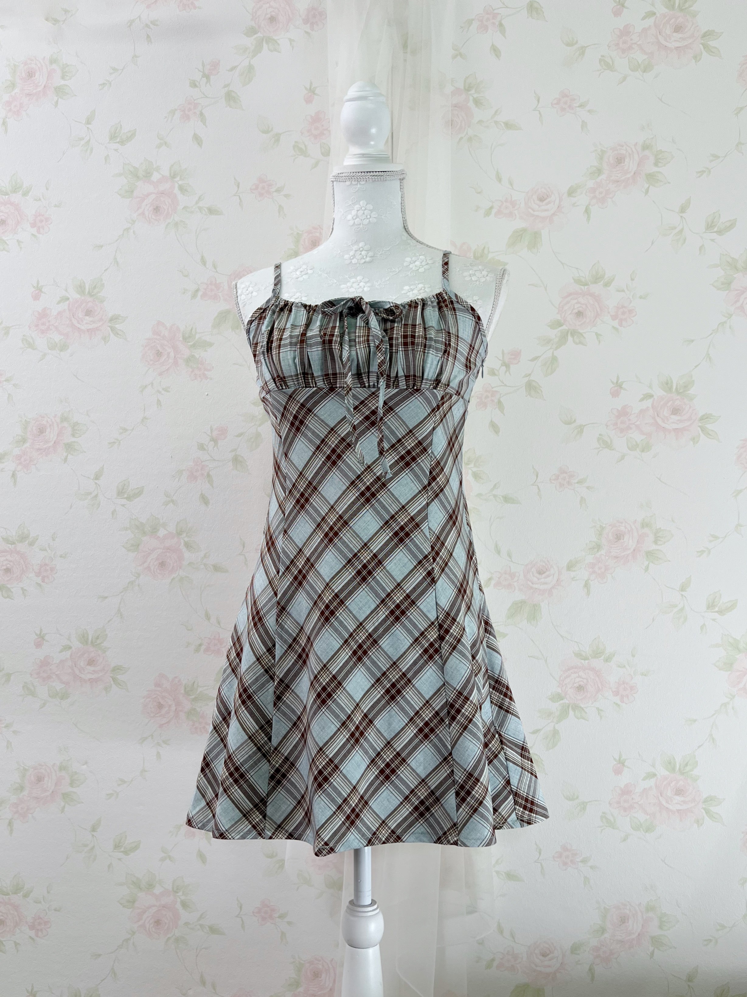 Camisole Gathering Checked Dress (Mint Green)