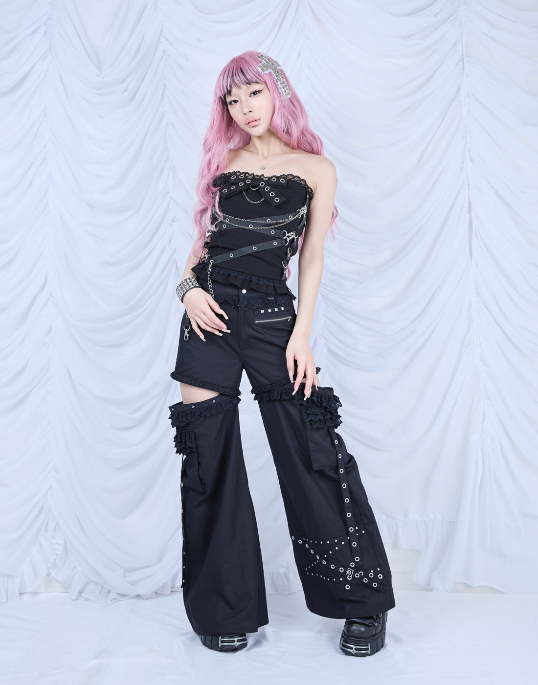 AVENCHUMU Cross chain & ribbon corset