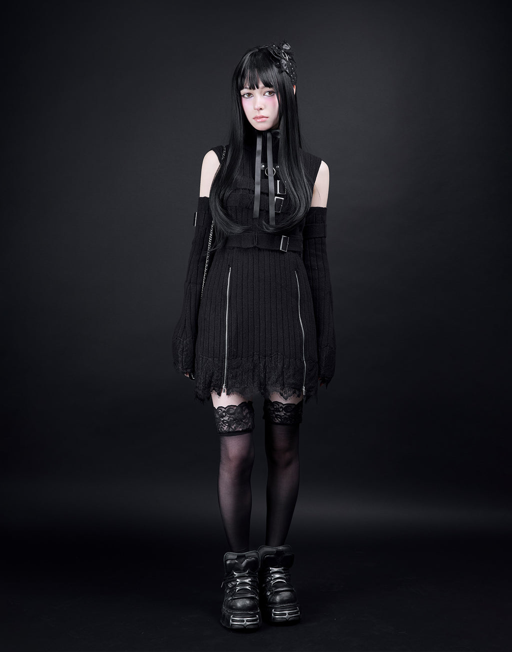 AVENCHUMU Belt & zip arm warmers knit one-piece