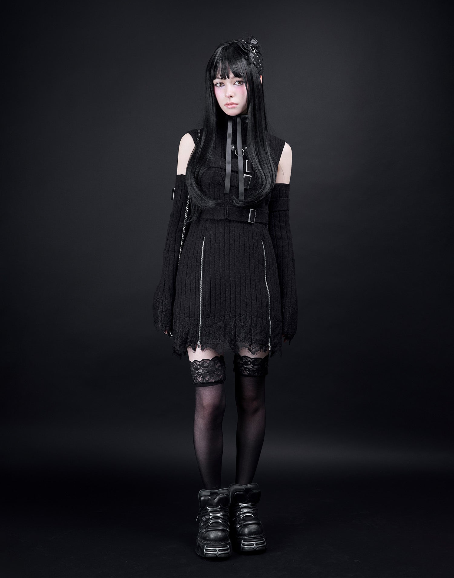 AVENCHUMU Belt & zip arm warmers knit one-piece