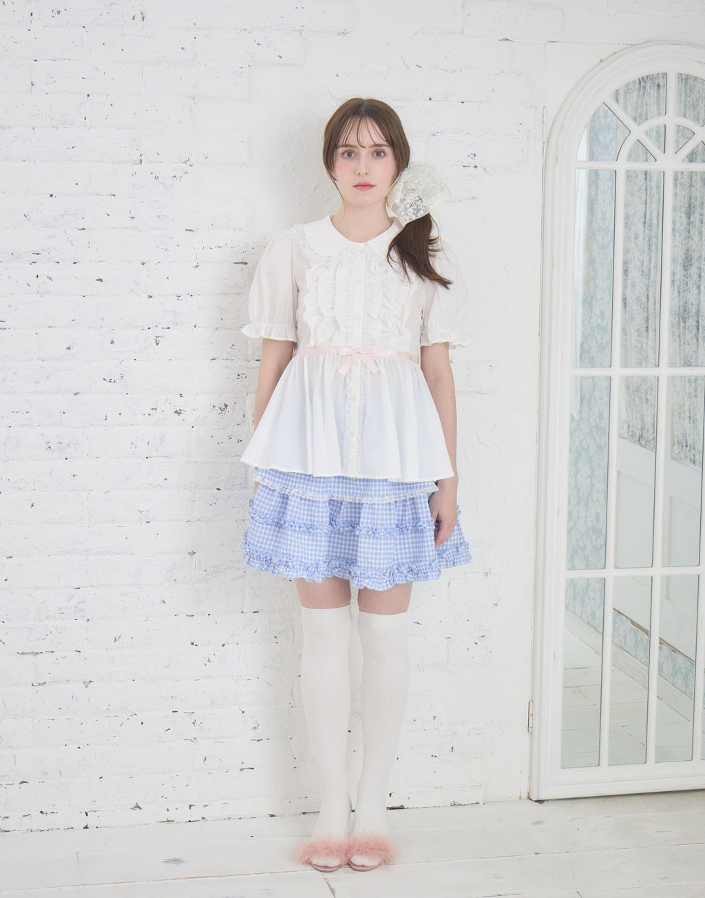 Lolime ribbon puff sleeve ruffle blouse