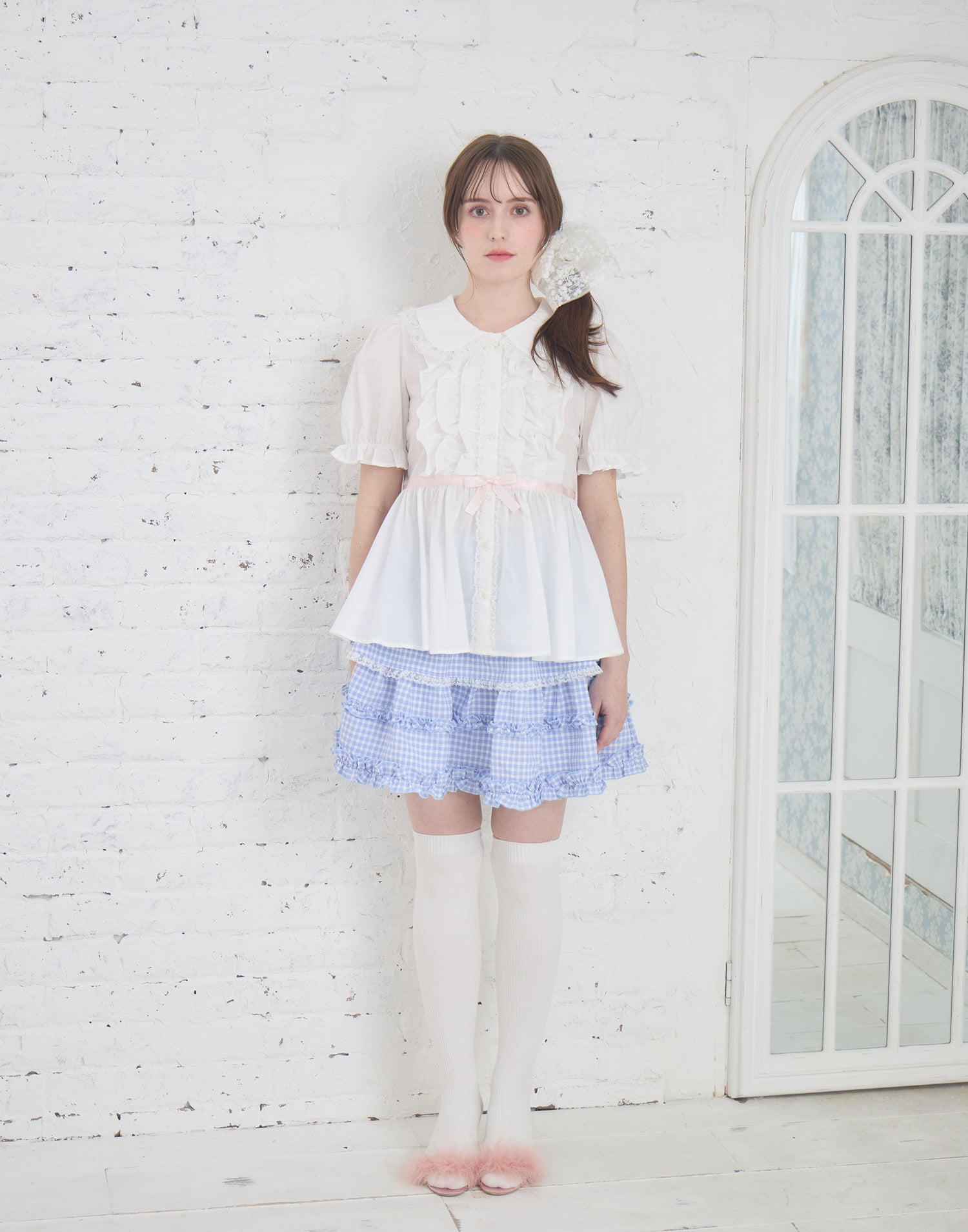 Lolime ribbon puff sleeve ruffle blouse