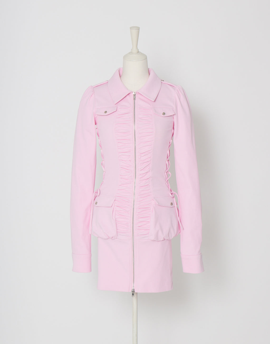 AVENCHUMU Zip-up shirt collar shirring one-piece