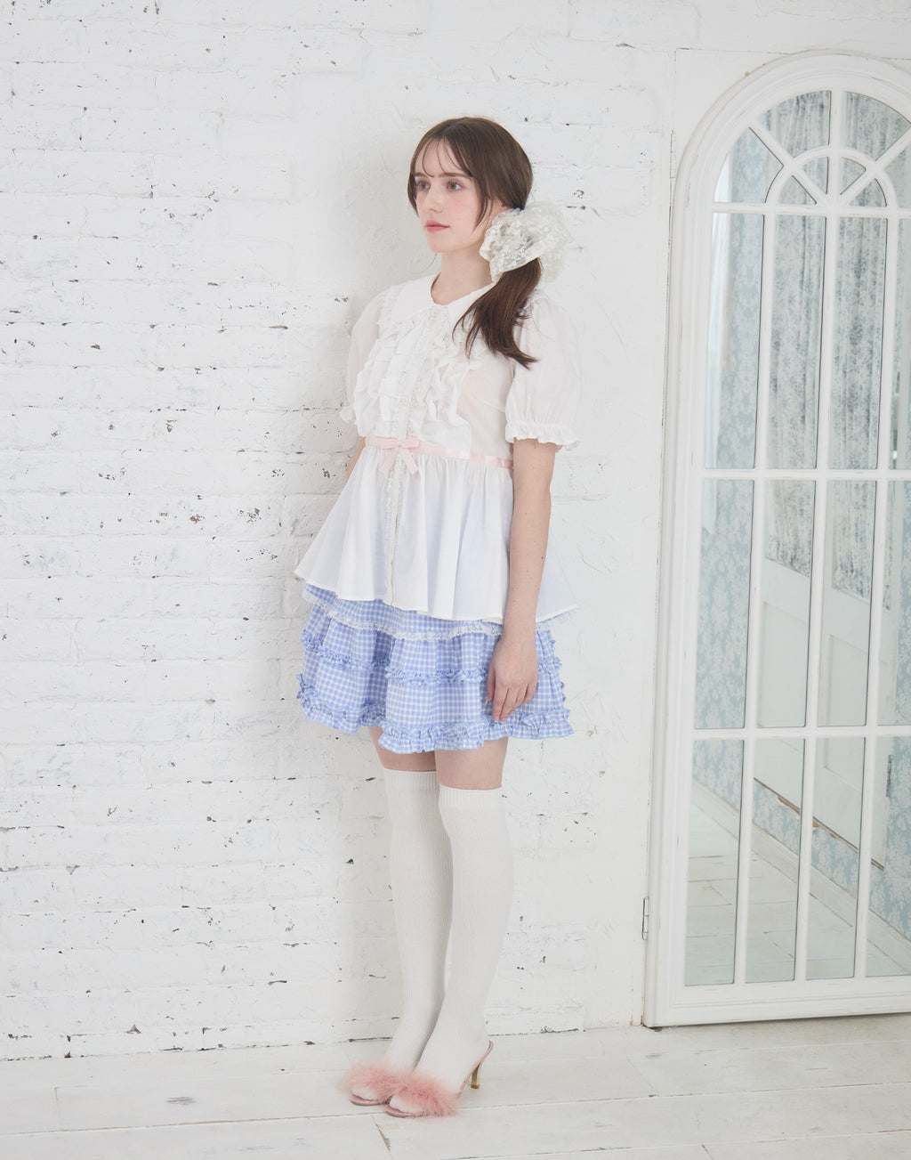 Lolime ribbon puff sleeve ruffle blouse