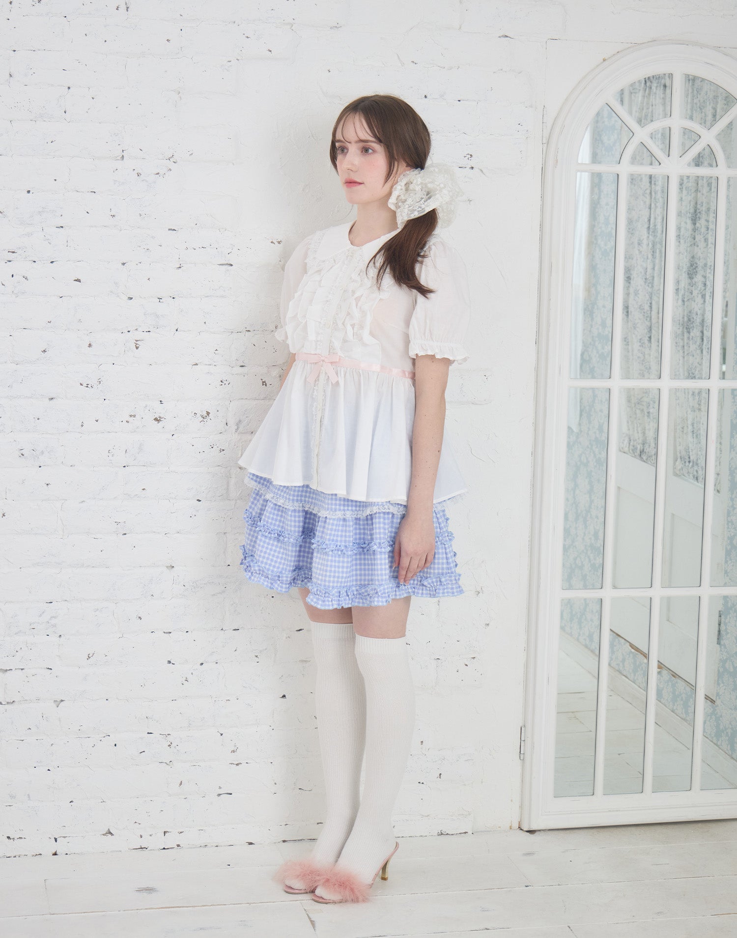 Lolime ribbon puff sleeve ruffle blouse