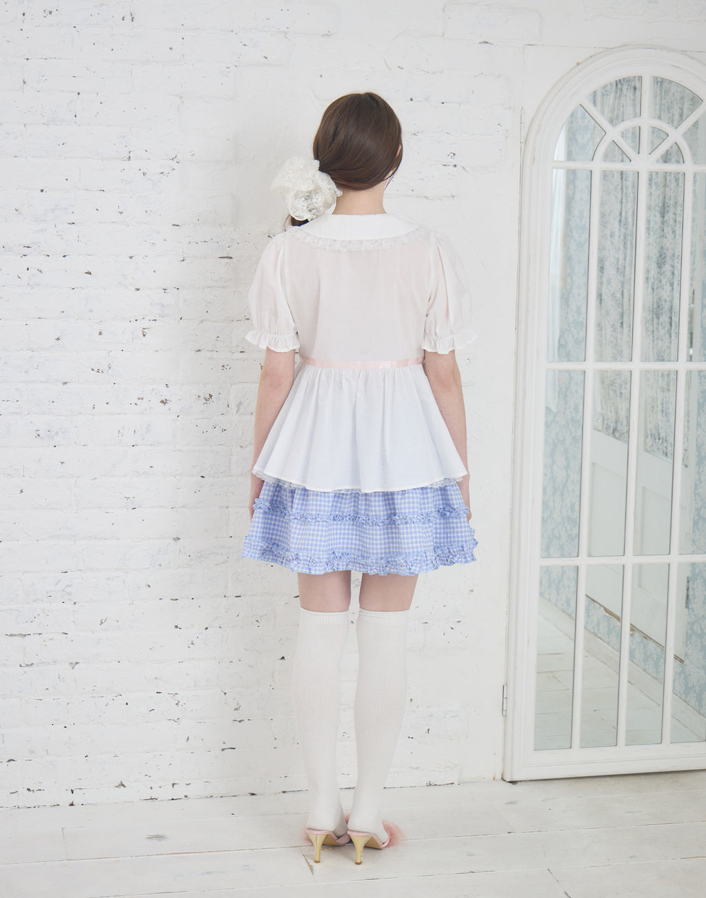 Lolime ribbon puff sleeve ruffle blouse