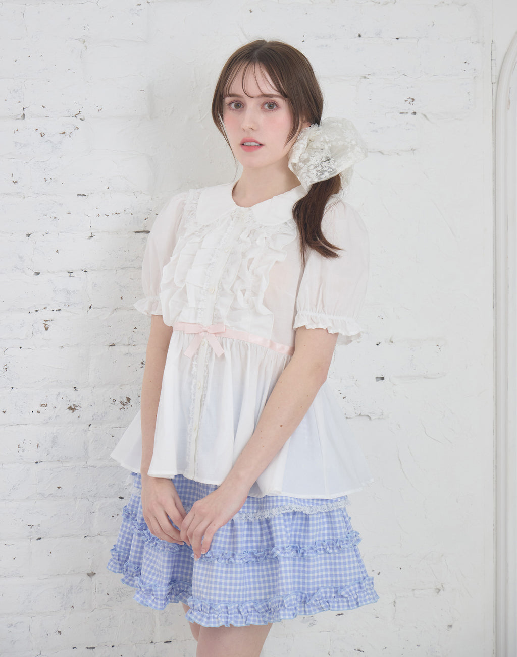 Lolime ribbon puff sleeve ruffle blouse
