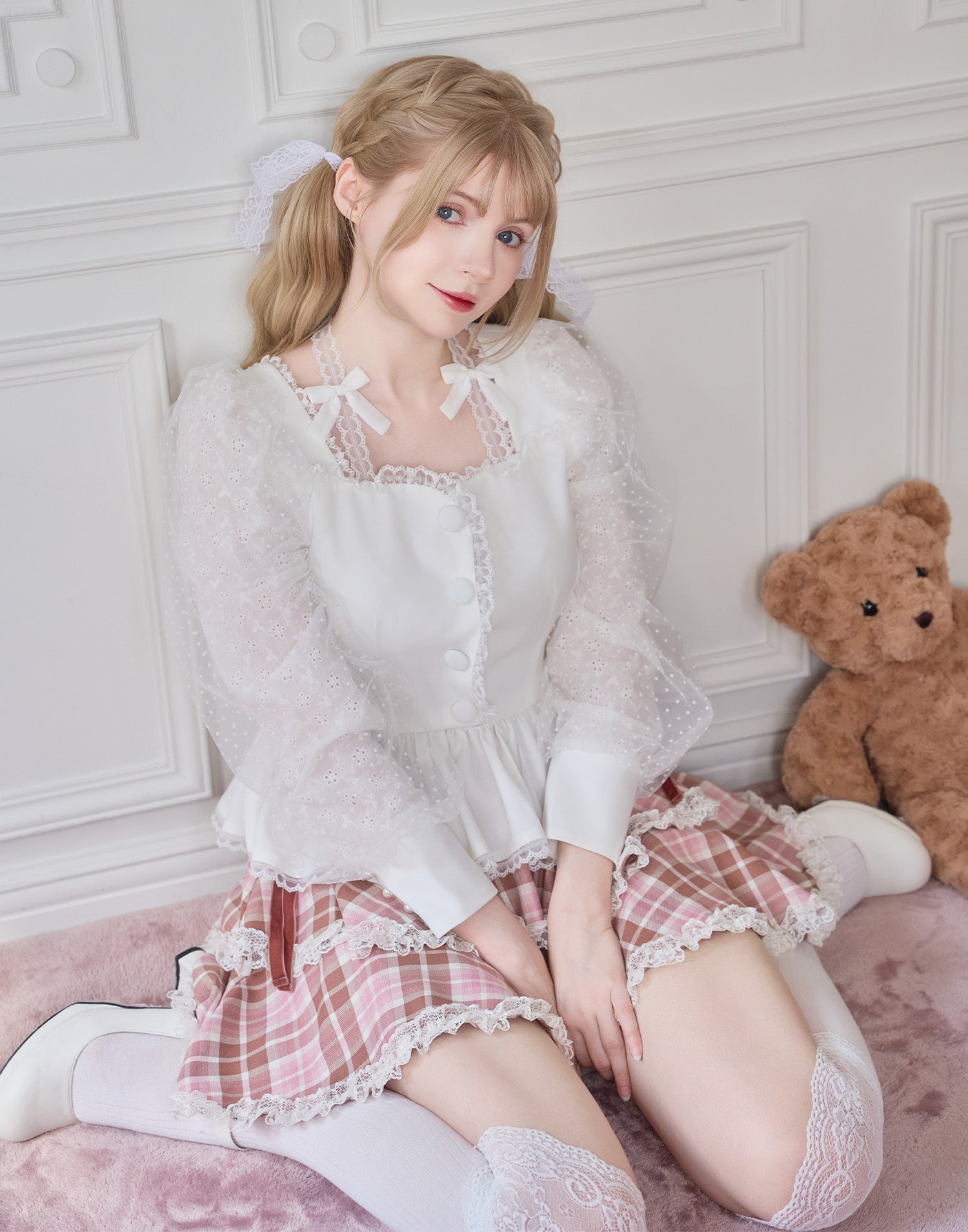 mellfy memory Sugar Lace Puff peplum Blouse