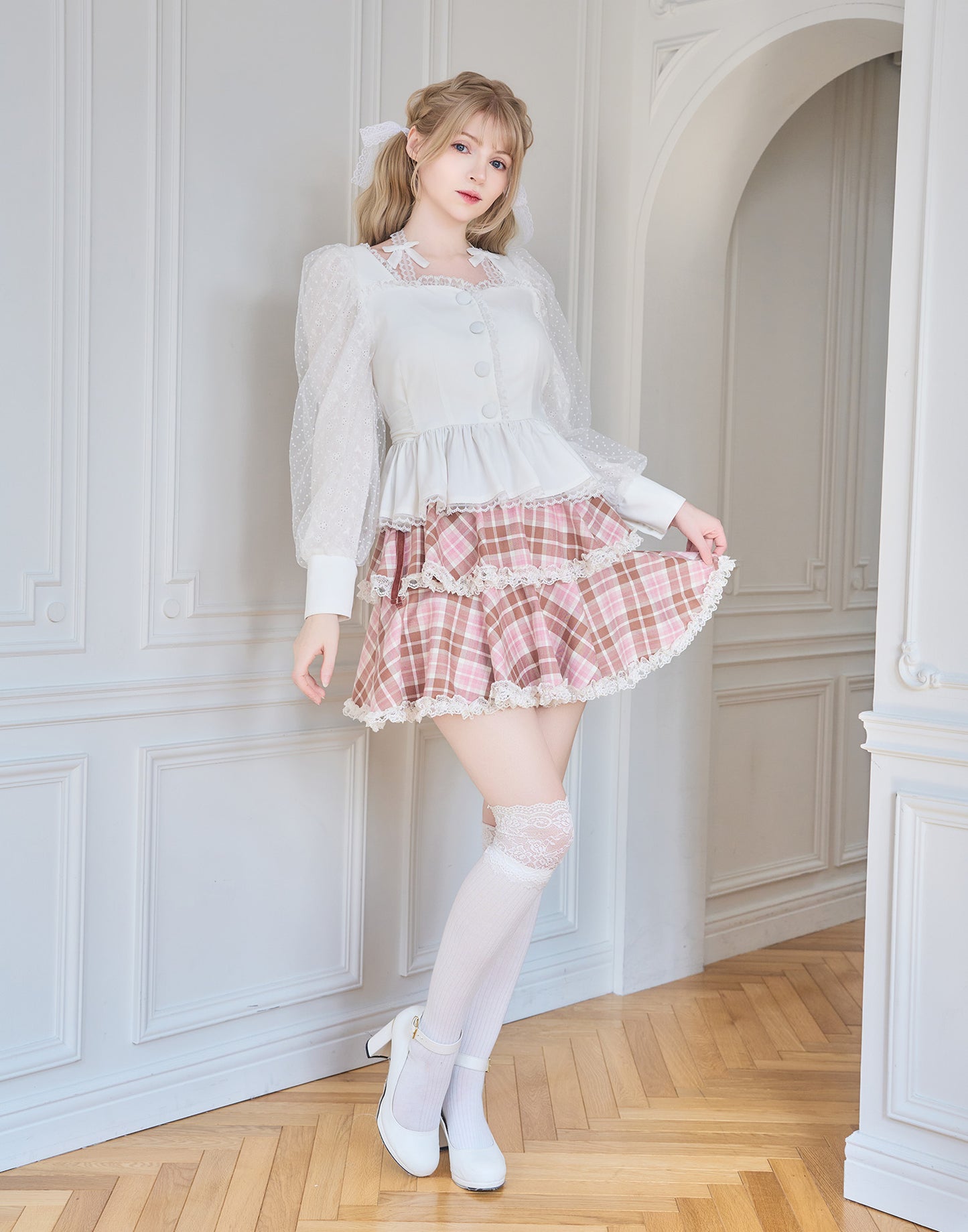 mellfy memory Sugar Lace Puff peplum Blouse