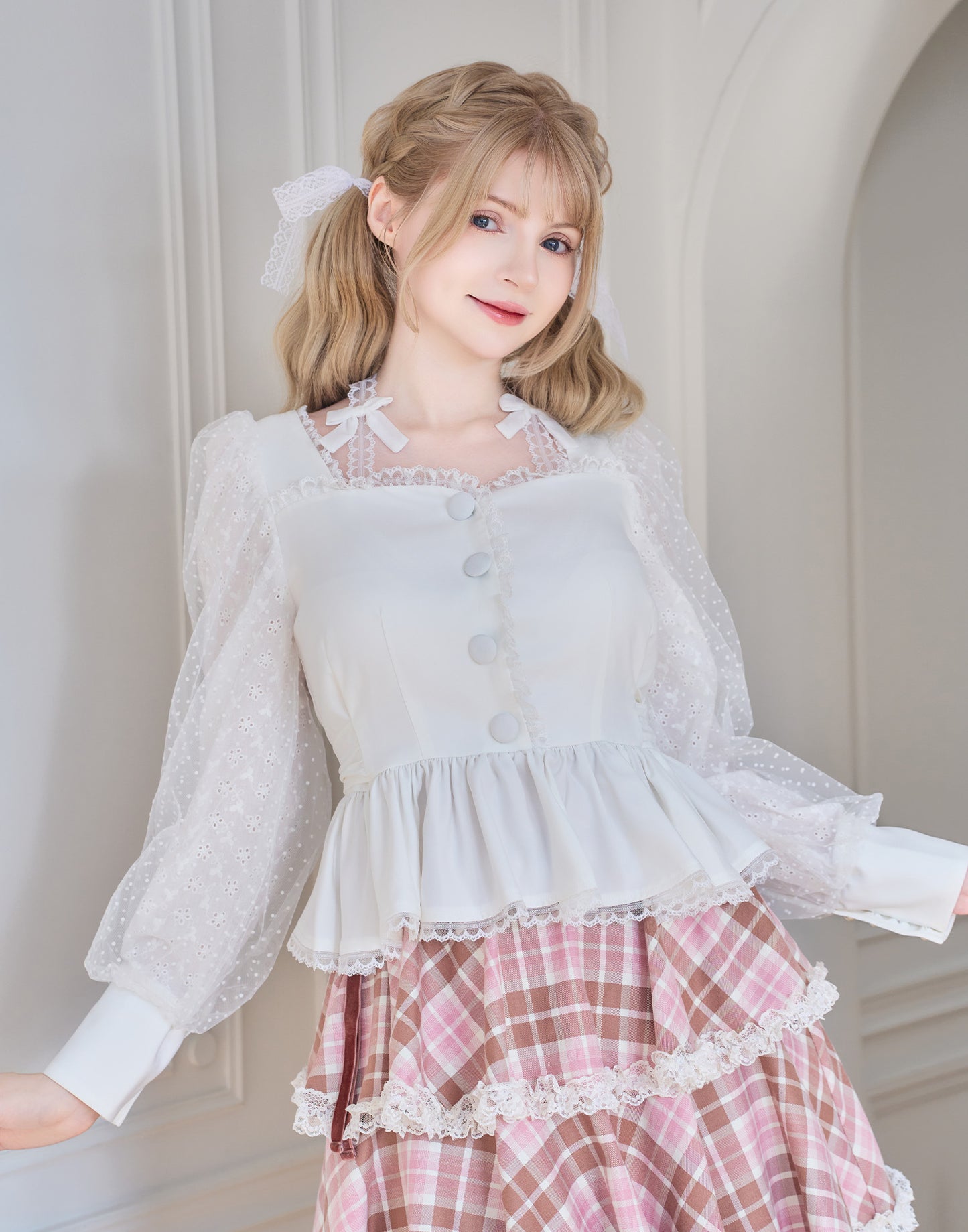 mellfy memory Sugar Lace Puff peplum Blouse