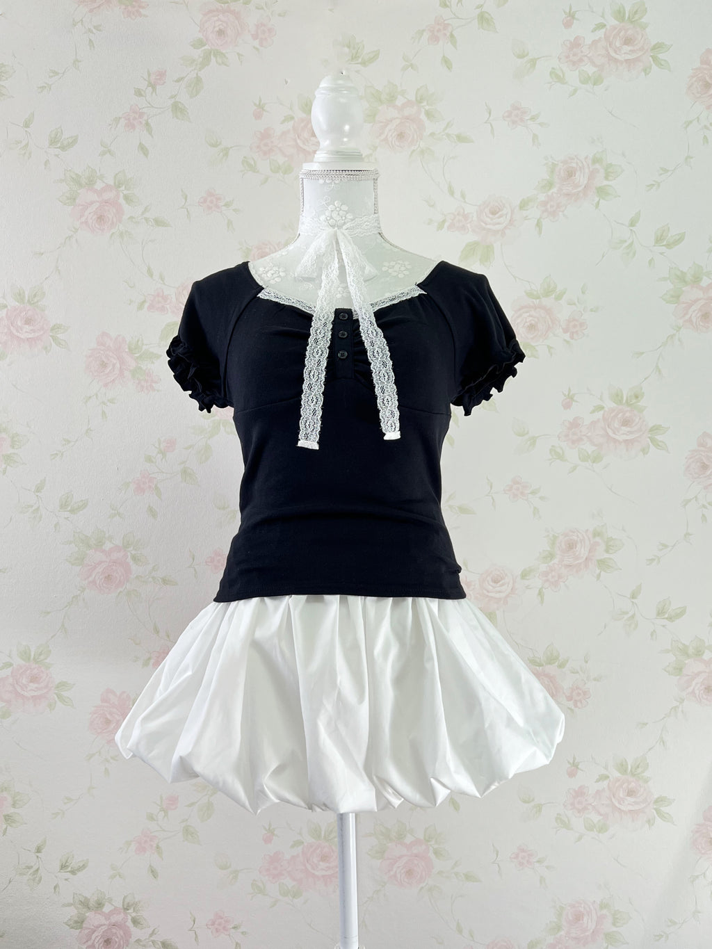 Lace Choker Girly Cotton T-Shirt  (Black)
