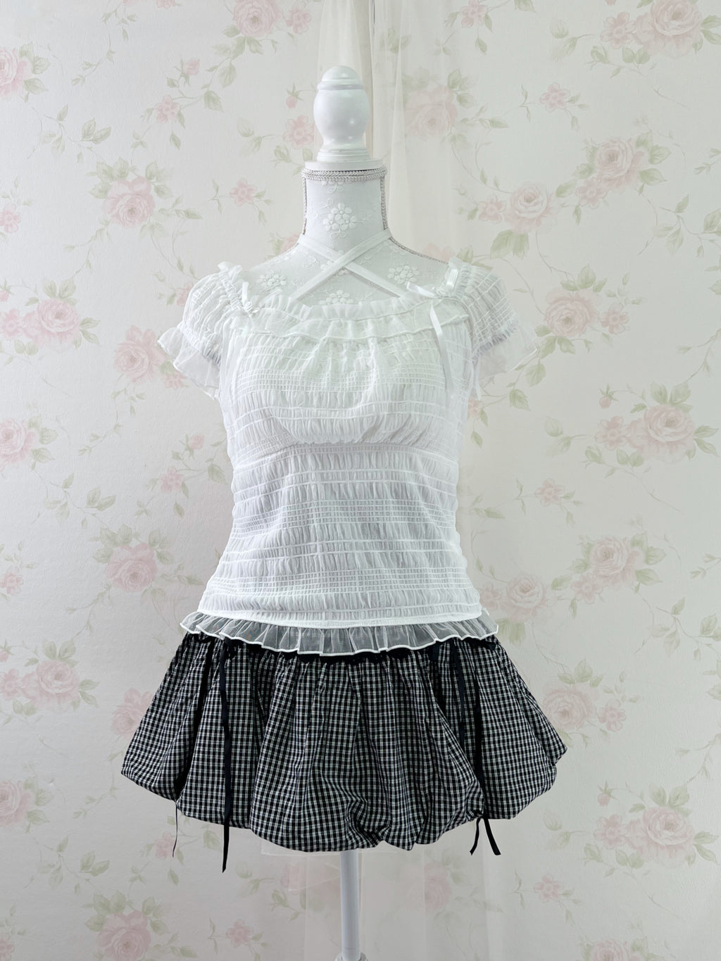 Clear Gingham Checked Cotton Balloon Skirt